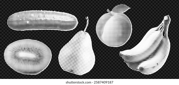 Halftone fruit collage with banana, orange, pear, kiwi, and cucumber for modern pop art design