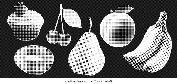 Halftone fruit and cupcake collage for trendy pop art designs