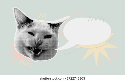 Smiley de gato funky de meio-tom com um caracol expressivo, rodeado por elementos de rabiscos e uma bolha de fala em branco em um fundo pastel