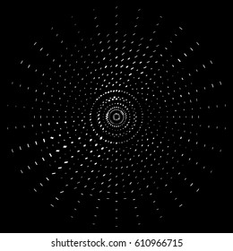 Halftone galactic texture. Exploding external effect with circle dots. Abstract black and white background vector. Stardust swirl. Spiral halftone lattice.
