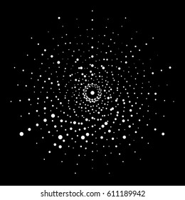 Halftone galactic texture. Exploding external effect with circle dots. Abstract black and white background vector. Stardust swirl. Spiral halftone lattice.