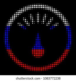 Halftone Gauge icon colored in Russian official flag colors on a dark background. Vector mosaic of gauge icon designed from spheric spots. Designed for political and Russian patriotic agitation.