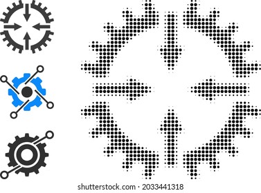 Halftone gear center. Dotted gear center generated with small round elements. Vector illustration of gear center icon on a white background. Halftone pattern contains round elements.