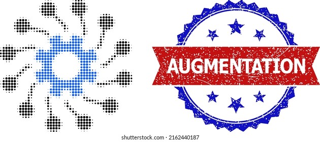 Halftone gear connections icon, and bicolor unclean Augmentation seal. Halftone gear connections icon is made with small circle points. Vector seal with scratched bicolored style,