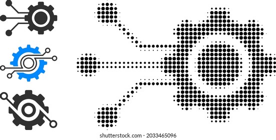 Halftone gear connectors. Dotted gear connectors generated with small circle elements. Vector illustration of gear connectors icon on a white background. Halftone array contains circle elements.