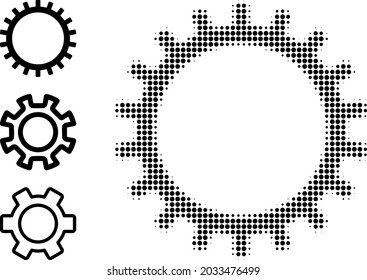 Halftone gear. Dotted gear constructed with small circle dots. Vector illustration of gear icon on a white background. Halftone pattern contains circle pixels.