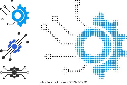 Fábrica electrónica de equipo de semitono. Fábrica electrónica de engranajes punteados generada con pequeños puntos de círculo. Ilustración vectorial del icono de fábrica electrónica de engranajes en un fondo blanco.