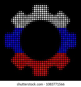 Halftone Gear icon colored in Russia state flag colors on a dark background. Vector mosaic of gear icon done from round items. Designed for political and Russian patriotic applications.