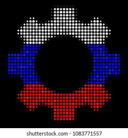 Halftone Gear icon colored in Russian state flag colors on a dark background. Vector composition of gear icon created of circle blots. Designed for political and Russian patriotic doctrines.