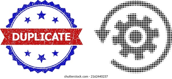 Icono de rotación del engranaje de semitono y sello de retenes duplicados bicolor. El icono de rotación del engranaje de semitono se hace con pequeños puntos esféricos. Sello vectorial con un estilo bicoloroso rayado,