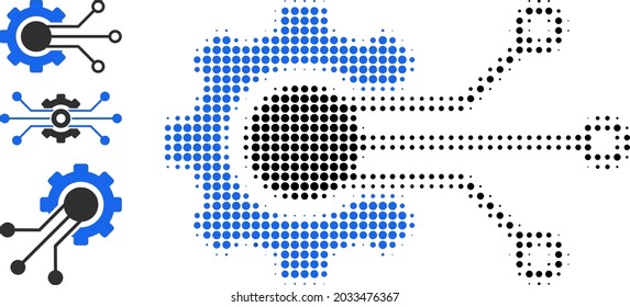 Halftone gear solution. Dotted gear solution generated with small circle points. Vector illustration of gear solution icon on a white background. Halftone pattern contains circle elements.