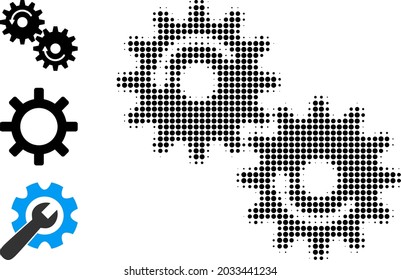 Rotación de los engranajes de semitono. Rotación de los engranajes punteados diseñada con pequeños puntos de círculo. Ilustración vectorial del icono de rotación de los engranajes sobre un fondo blanco. El patrón de semitono contiene puntos de círculo.