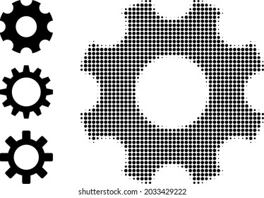 Halftone gearwheel. Dotted gearwheel designed with small circle pixels. Vector illustration of gearwheel icon on a white background. Halftone pattern contains circle points.