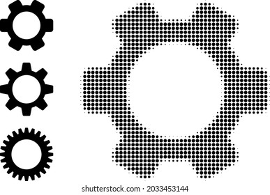 Halftone gearwheel. Dotted gearwheel designed with small circle dots. Vector illustration of gearwheel icon on a white background. Halftone array contains circle dots.