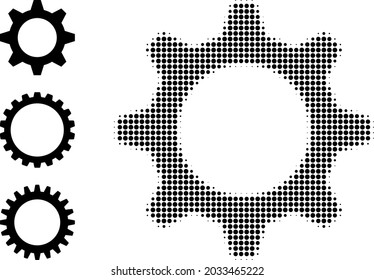 Halftonrad. gepunktetes Getriebe aus kleinen Kreiselementen. Vektorgrafik des Schaltradsymbol auf weißem Hintergrund. Halftone Muster enthält Kreiselemente.