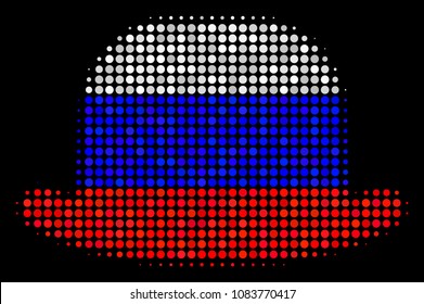 Halftone Gentleman Hat icon colored in Russian official flag colors on a dark background. Vector collage of gentleman hat icon constructed from round blots.