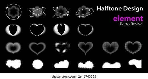 Halftone geometric icon set. Abstract shapes, including hearts and stars, with a retro pixelated dot pattern. Perfect for modern, minimal, and Y2K inspired designs.