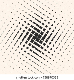 Halftone geometric pattern with crossing lines, squares, grid, mesh, lattice. Graphic monochrome texture with radial gradient transition effect. Abstract repeat background. Trendy hipster design