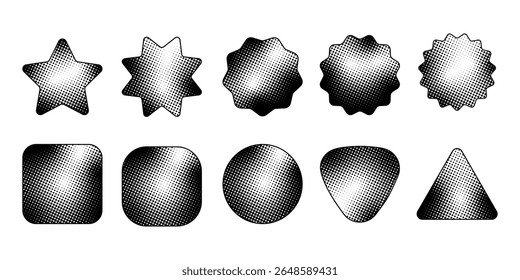 Halftone geometric shape collection in black and white. perfect for abstract, retro, or modern graphic design projects.