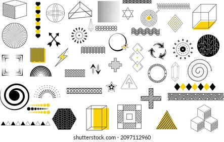 formas geométricas de semitonos establecidas con la composición de elementos amarillos brillantes.vector gráfico.Formas aisladas geométricas mínimas de fondo blanco.