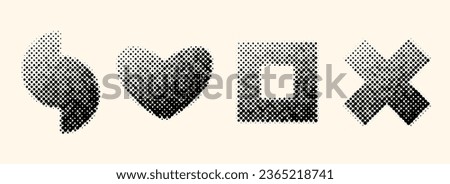 Halftone geometric shapes set. Dotted cross, heart, semicircles, square elements with gradient. Black textured objects for banner, poster, collage, flyer, booklet, brochure, cover. Vector collection