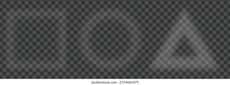 Conjunto de Formas geométricas de semitono aisladas sobre fondo transparente para superposiciones, carteles, tipografía, diseño editorial, interfaz de usuario, impresión.