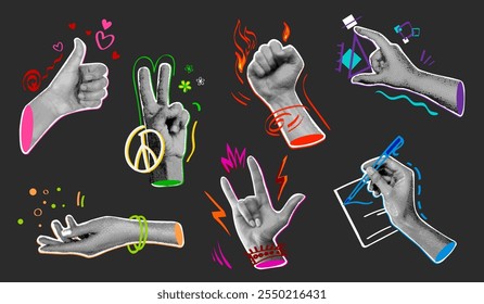 Halftone gestures collage. Vintage hand gesture pop art collage fun design, hads signs peace like fist emoji retro newspaper cut out abstract elements, exact vector illustration original artwork