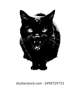 Halftone ghost,black cat hissing Halloween collage element. Isolated on white background. 