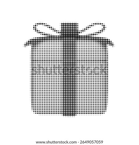 Halftone gift box vector illustration depicting a present with ribbon, symbolizing celebration, holidays, and special occasions. Perfect for marketing, branding, or festive designs.