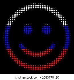 Halftone Glad Smiley icon colored in Russian official flag colors on a dark background. Vector mosaic of glad smiley icon formed of spheric items.