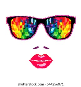 Halftone Glasses with female lips Background. Vector illustration, eps