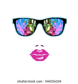 Halftone Glasses with female lips Background. Vector illustration, eps