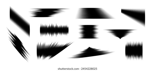 Halftone glitch element set. Dotted textured geometric form collection. Grunge abstract halftone spikey shapes for print, banner, poster, collage, overlay, label, tag. Distressed sharp vector pack