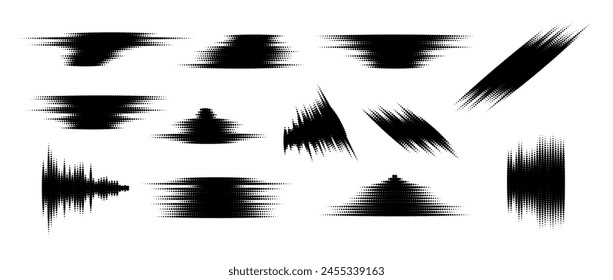 Halftone glitch element set. Dotted textured geometric form collection. Grunge abstract halftone spikey shapes for print, banner, poster, collage, overlay, label, tag. Distressed grunge vector pack