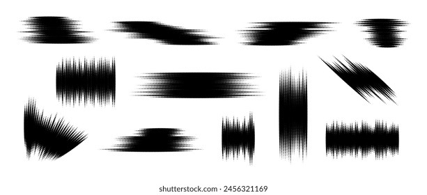 Halbton-Glitch-Element eingestellt. Gepunktete strukturierte Kollektion von Zufallsformen. Schwarze Grunge abstrakte Halbton Spikey Formen für Druck, Banner, Poster, Collage, Overlay, Label, Tag. Not leidende Grunge-Vektorgrafik