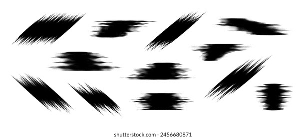 Halftone glitch element set. Dotted textured different forms collection. Grunge abstract halftone spikey shapes for print, banner, poster, collage, overlay, label, tag. Distressed grunge vector pack