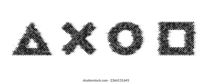 Halftone glitch geometric shapes set. Dotted distorted triangle, cross, circle and square elements. Black noise texture objects for banner, poster, collage, flyer, booklet, brochure. Vector collection