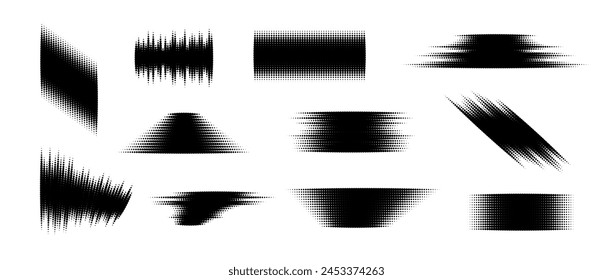 Halftone glitched element set. Dotted textured geometric form collection. Grunge abstract halftone shapes for print, banner, poster, collage, overlay, label, tag. Distressed distorted vector pack