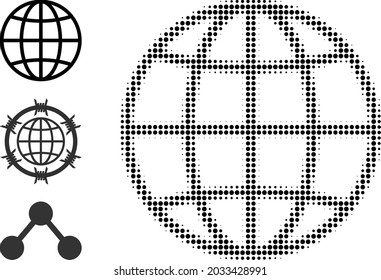 Halftone globe. Dotted globe constructed with small round elements. Vector illustration of globe icon on a white background. Halftone pattern contains round elements.