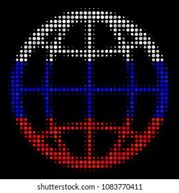 Halftone Globe pictogram colored in Russian state flag colors on a dark background. Vector mosaic of globe icon constructed from spheric spots. Designed for political and Russian patriotic posters.