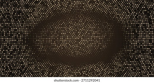 Halftone gold background. Glitter golden circle particles on dark wallpaper with elegant radial light effect. Luxury pattern or celebration backdrop. Wide circular confetti. Vector Illustration.