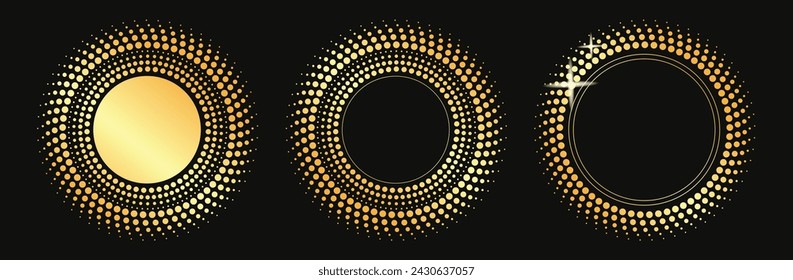 Halftone gold circle dots frame element rings logo vector graphic design illustration set, round dotted pattern golden shine background, half tone retro vintage sunburst texture for copy space text