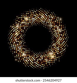 Halftone gold frame dot texture, Shining glitter circular mosaic frame on black background. Vector illustration.