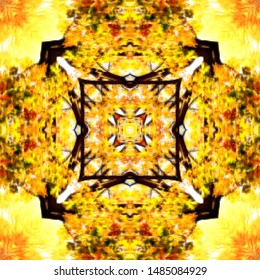Halftone gold ornament, autumn pattern. Drawing vintage style. Grunge texture. Festive greeting card. Abstract art background. Modern symmetric pattern. Festive art backdrop. Creative vector element