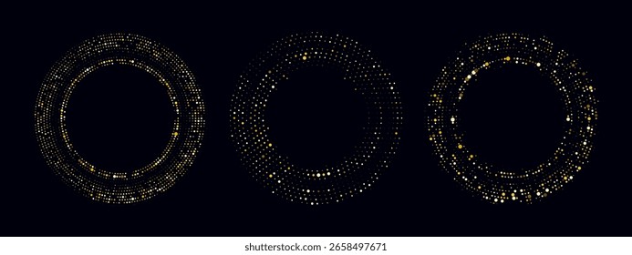 Borda dourada de meio-tom com padrão de pontos abstrato em um plano de fundo brilhante. Quadro vetorial circular com luz dourada e estrutura radial elegante.
