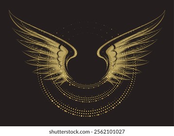 Halftone golden wings. Angel wings isolated on black background vector illustration