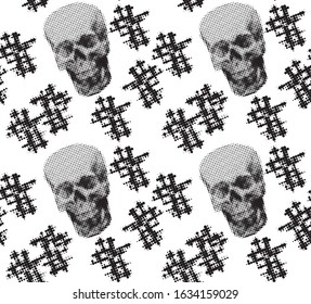 Halftone gothic human skull seamless pattern for Dia de muertos, day of the dead, clothes, fabric. Black crosses, skulls on white background