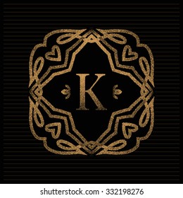 Halftone graceful floral monogram design template with letter and gold Dots. Abstract geometric modern background. Vector illustration. Elegant line art logo design dots, confetti.