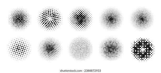 Halftone gradient circles collection. Black dot textured round patterns. Comic radial faded background set. Abstract pixelated elements for frame, poster, collage, banner, flyer. Vector cartoon bundle