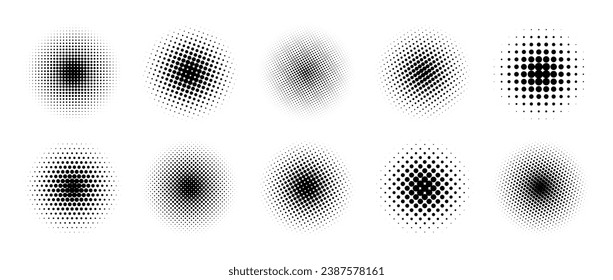 Halftone gradient circles collection. Dots textured round patterns. Cartoon comic radial faded background set. Abstract pixelated elements for frame, poster, collage, banner. Vector bundle. 